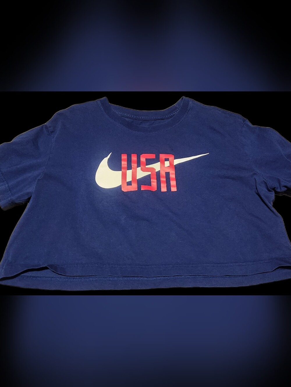 Nike Navy Blue Short Sleeve Tee with White Swoosh and Red USA Print
